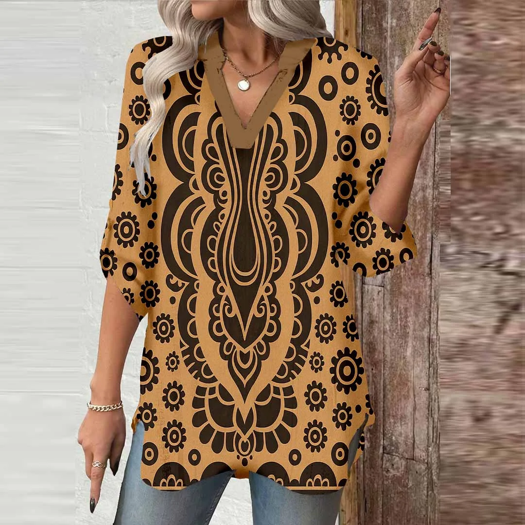 Women Bohemian,  Apricot,  Black DZGA0420 3/4 Sleeve V-neck Printed Graphic Button Tops