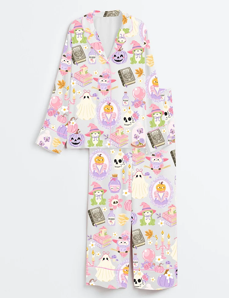 Women&rsquo;s Witchy Halloween Spooky Halloween Aesthetics Witchy Coquette Pastel Halloween Witch Print Long Sleeve Satin Pajama Set