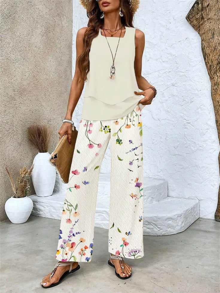 Women's Sleeveless Square Collar Floral Printed Casual Set
