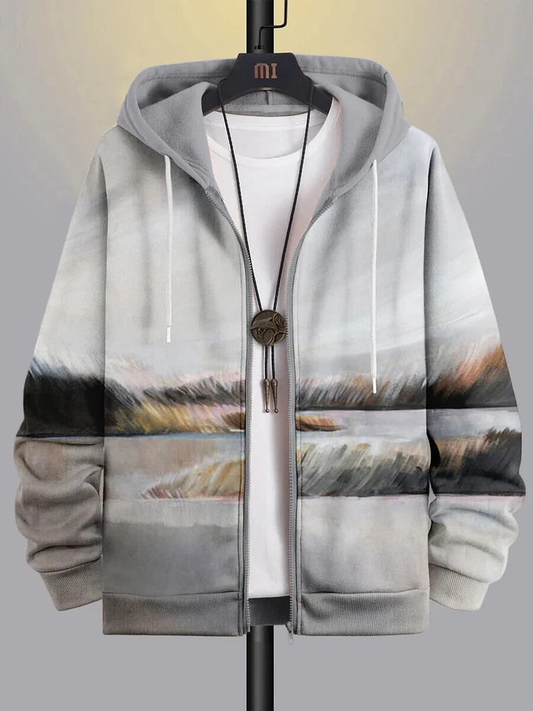 Men's Countryside View Art Print Hooded Zip Up Jacket