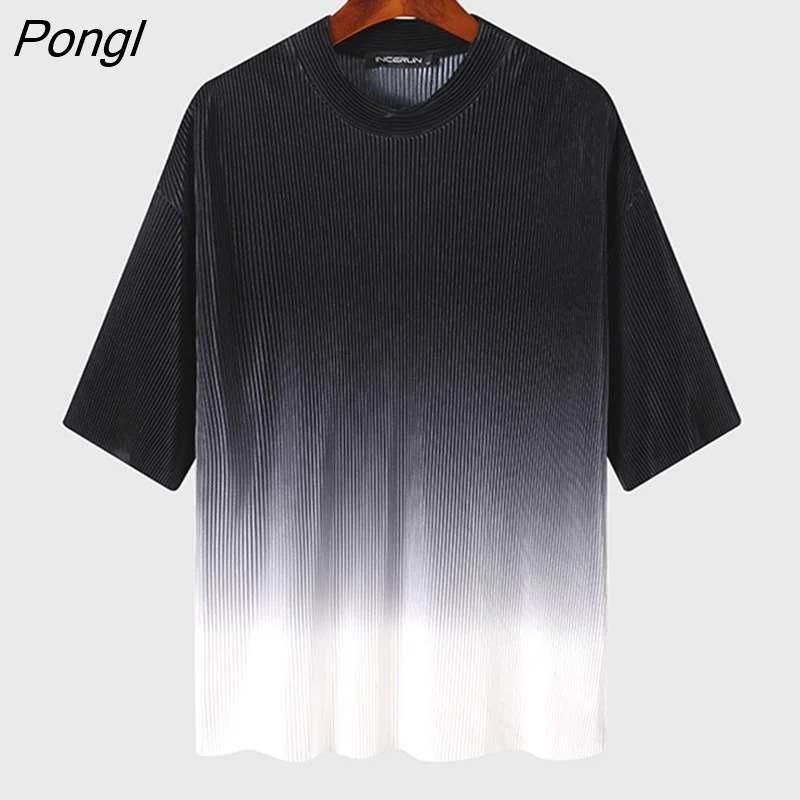 Pongl Fashion Men T Shirt O-neck Half Sleeve Tie Dye Gradient LooseStreetwear Men Clothing 2023 Folds Casual Camisetas S-5XL