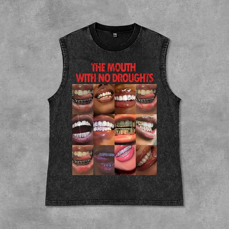 Vintage Lips Graphic The Mouth With No Droughts Print Acid Washed Sleeveless Tank Top SOPULA