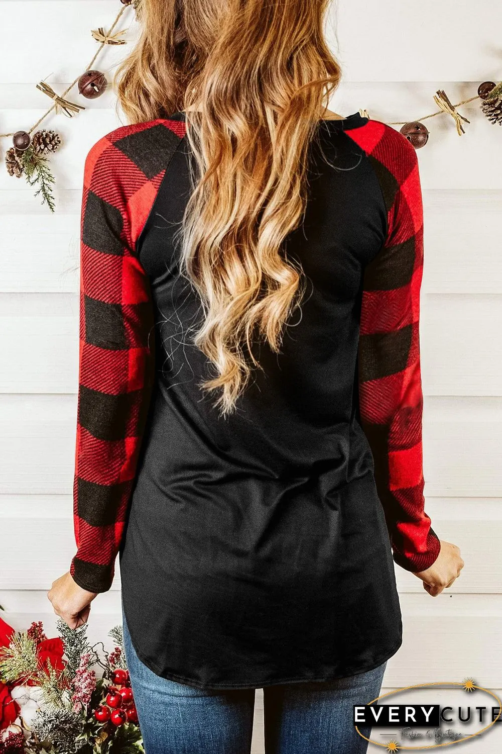 Sequined Pocket Plaid Raglan Black Top