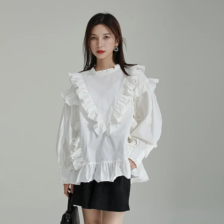 Loose Splicing Stand Collar Lantern Sleeve Shirt - yankia