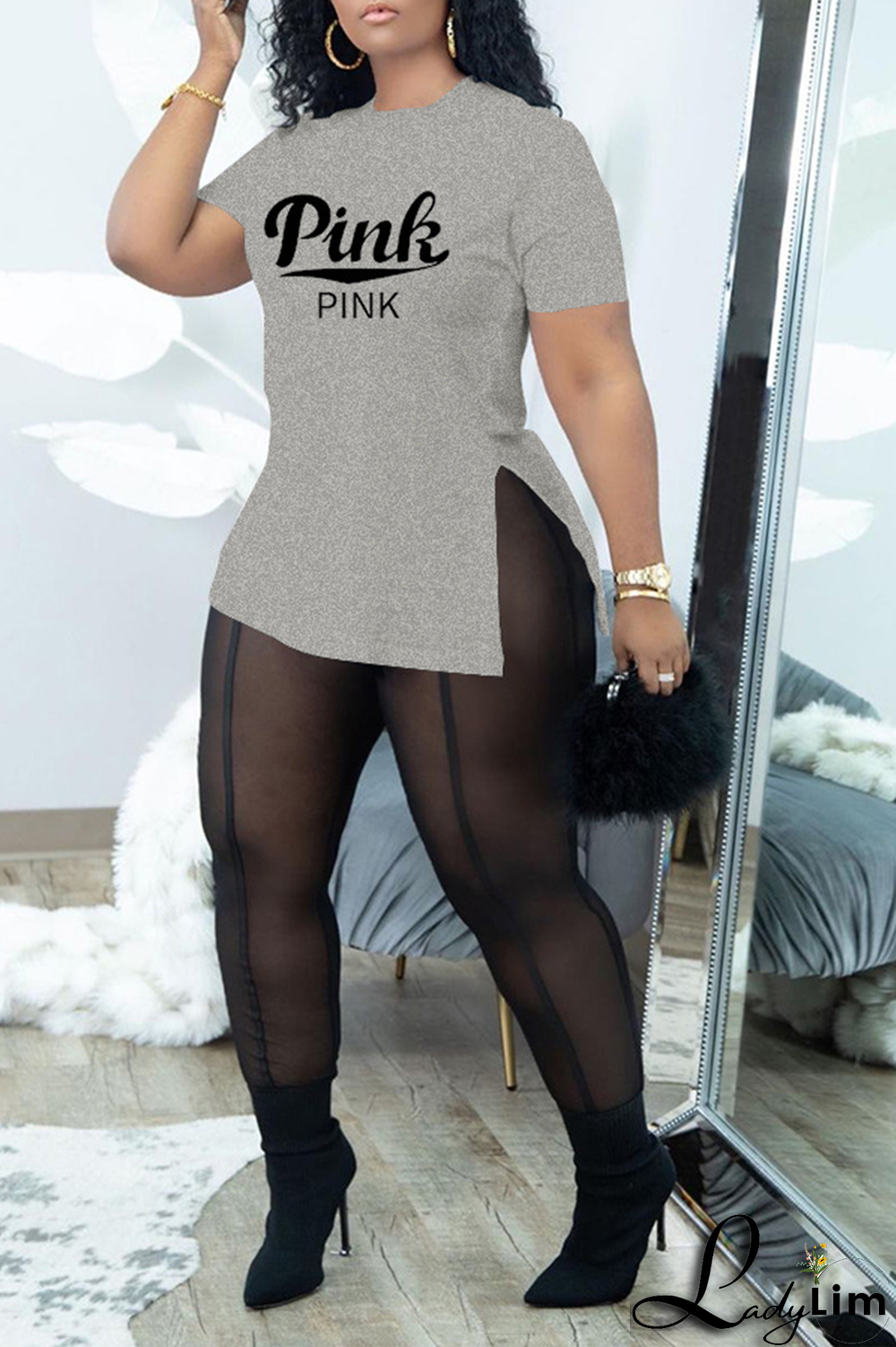Grey Casual Print Slit O Neck Short Sleeve Two Pieces