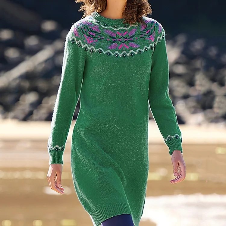 Utbros Retro Iceland Snowflake Contrast Pattern Crew Neck Dress