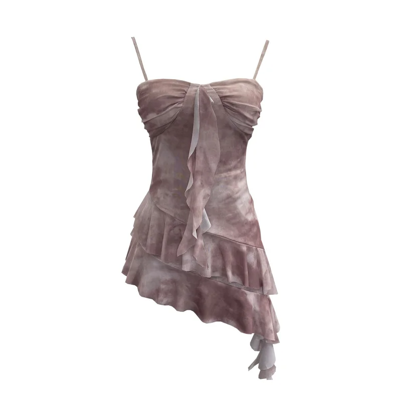 Uveng Real Shooting 2025 Spring And Summer New With Chest Cushions Dyed Mesh Sling Sling Vest Irregular Lotus Leaf Side Top 1139