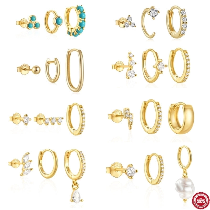 3 Pieces Set 925 Sterling Silver Turquoise Zircon Geometric Earrings