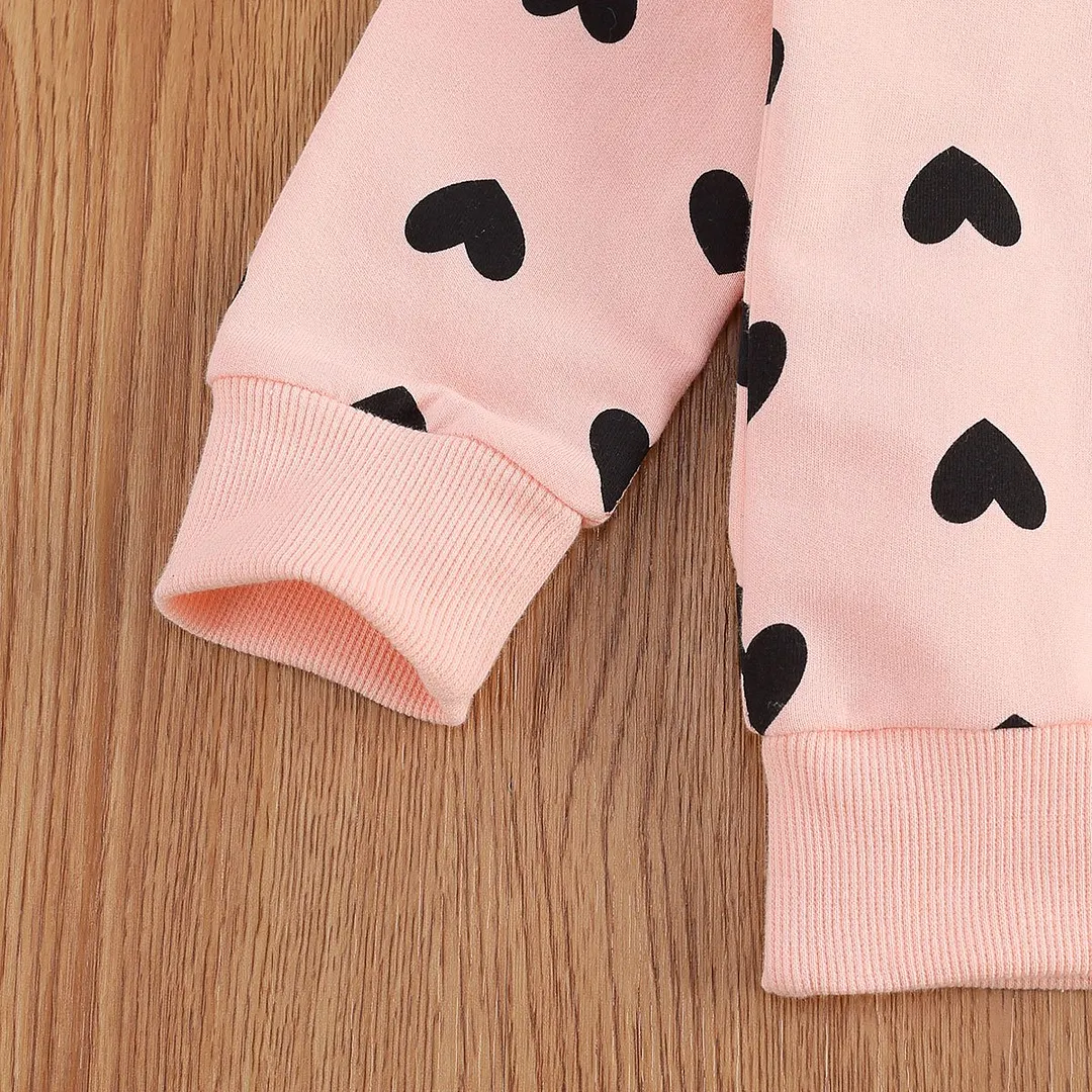 Children Baby Girls 2Pcs Clothes Set Heart Printing Round Neck Long Sleeve Trousers Kids Pocket Pants for Toddler