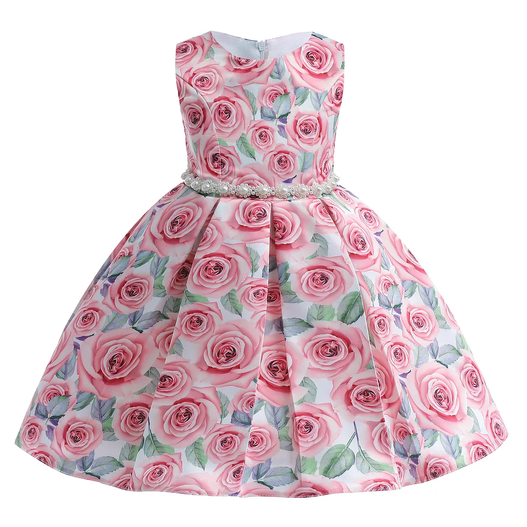 Rose Flower Print Dress for Girls - Sleeveless Vest Dress with Pearl Princess Skirt - Kids' Clothing
