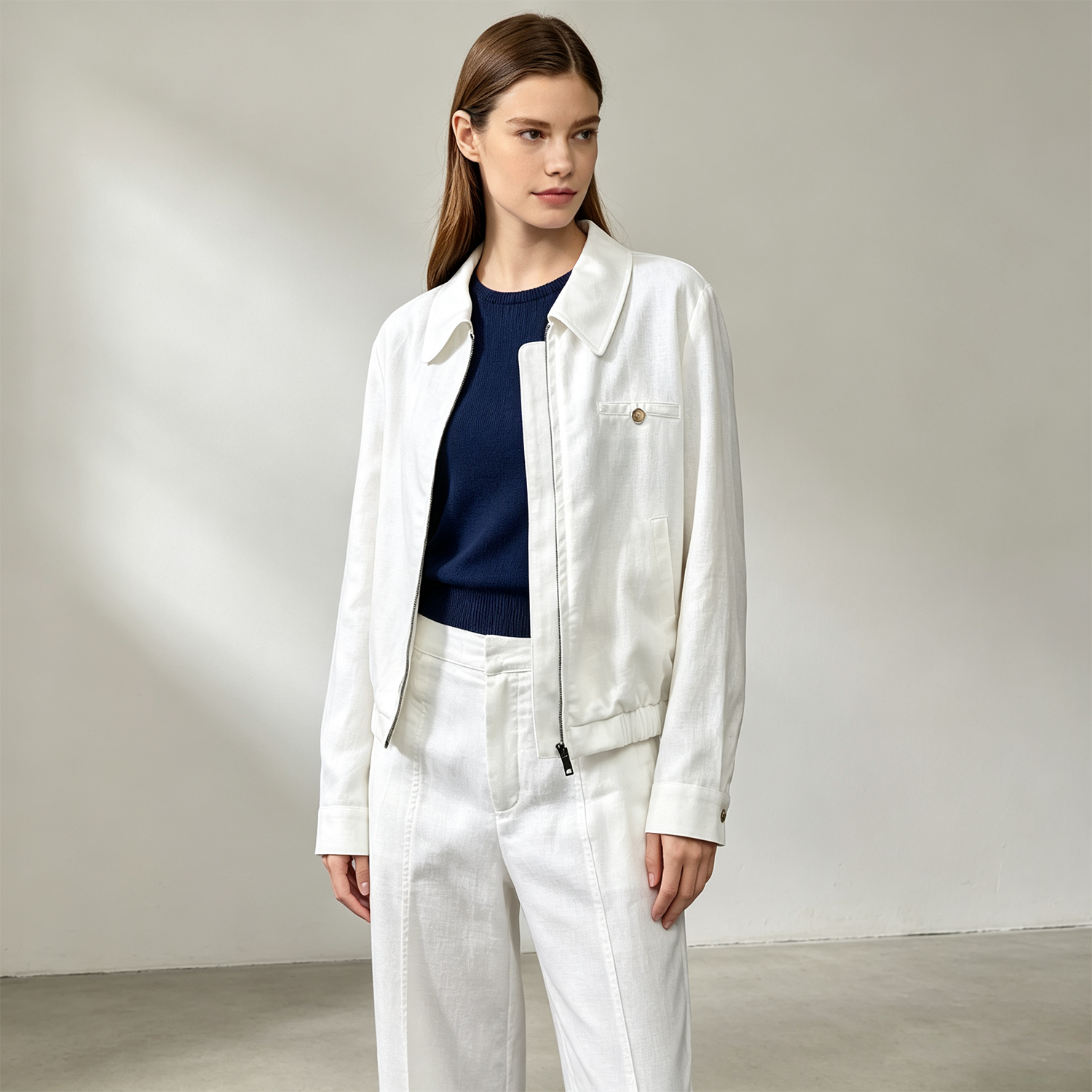 Women's Linen Jacket Relaxed Fit Collared Zip-Up Lightweight Casual REAL SILK LIFE