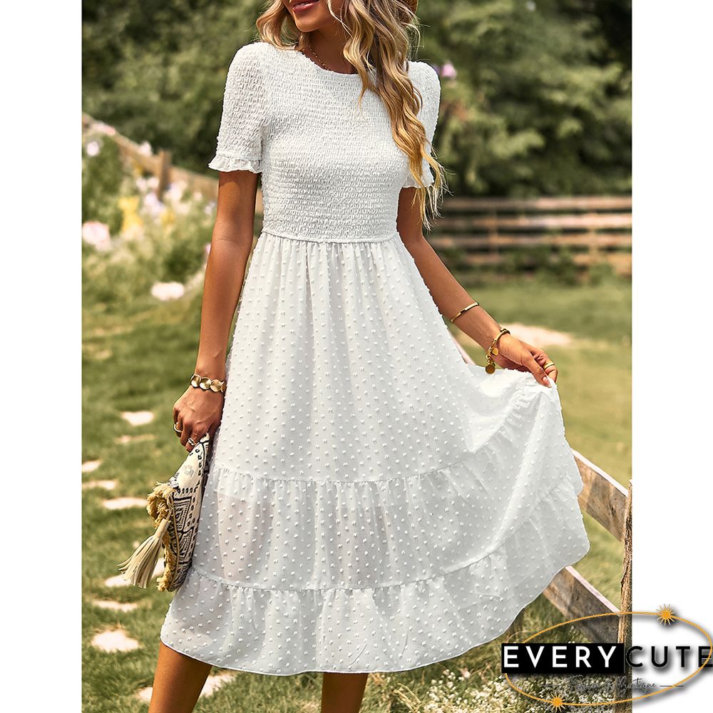 White Swiss Dot Pleated Elegant Short Sleeve Midi Dress