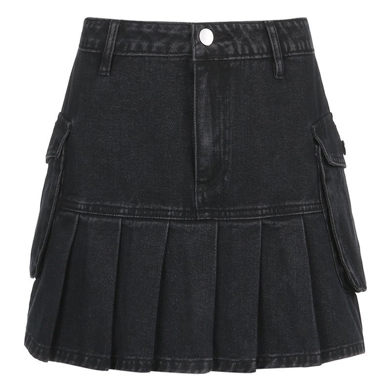 Muyogrt Vintage Y2k Pleated Jeans Mini Skirts Women Dark Academia Fashion Goth Black High Waist Short Skirt 90s Korean Pockets