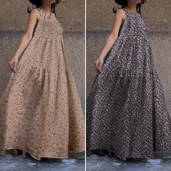 Summer Women Floral Printed Long Dress Sleeveless Bohemian Party Casual Loose Swing Pleated Maxi Dress Plus Size - Life is Beautiful for You - SheChoic