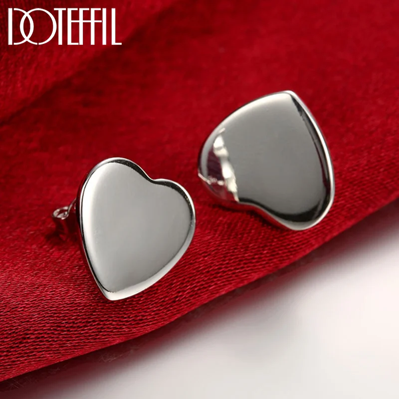 DOTEFFIL 925 Sterling Silver Smooth Heart Stud Earrings For Woman Jewelry