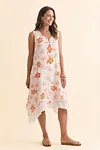 Front view of elegant terracotta floral print linen-blend dress with V-neck detail