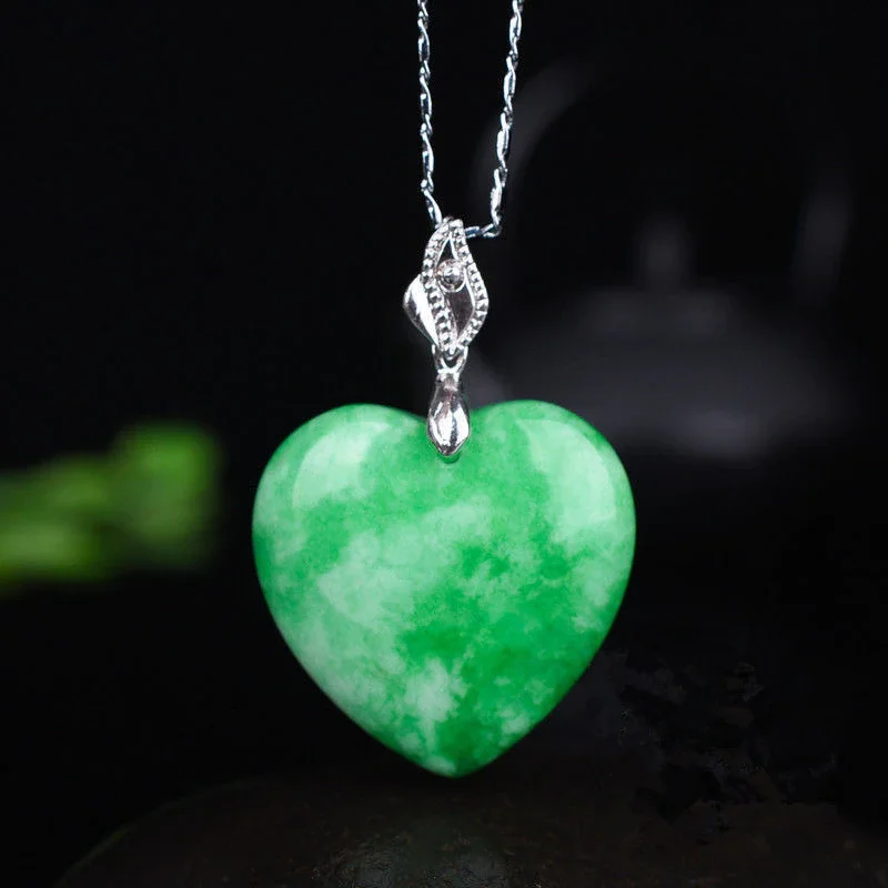 Natural Jade Pendant Necklace with Green Heart-shaped Stone