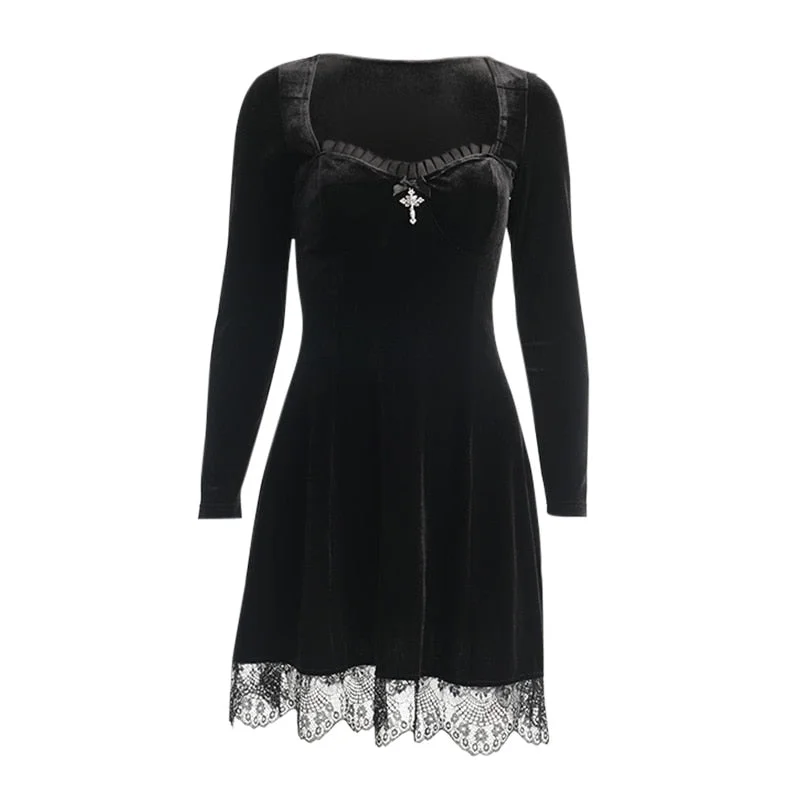 InsGoth Goth Vintage Black Mini Dress Aesthetic Elegant Cross Pendant High Waist Dress Streetwear Long Sleeve Party Dresses