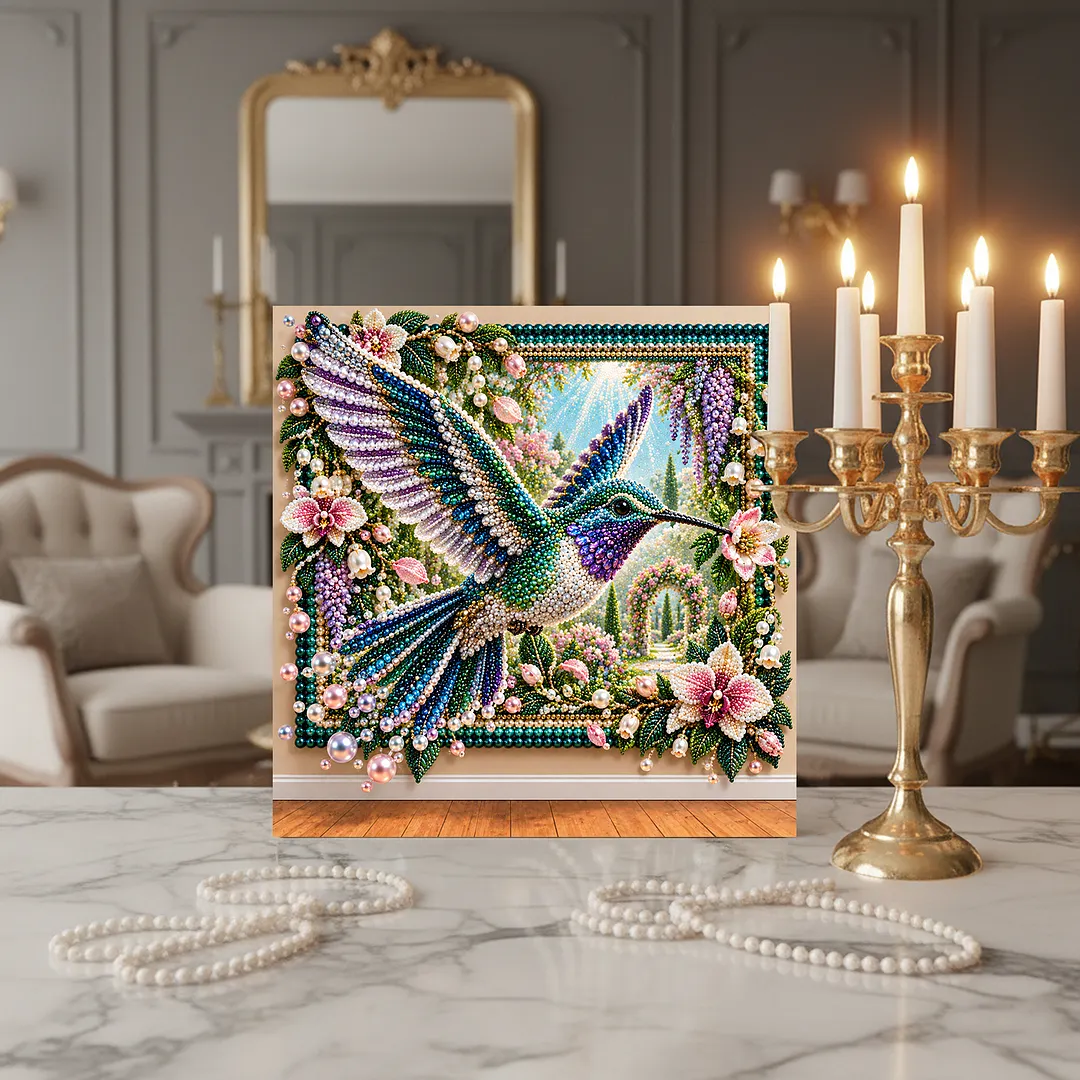 Framed Pearl Painting Kit Hummingbird Garden for Adults 12x12in