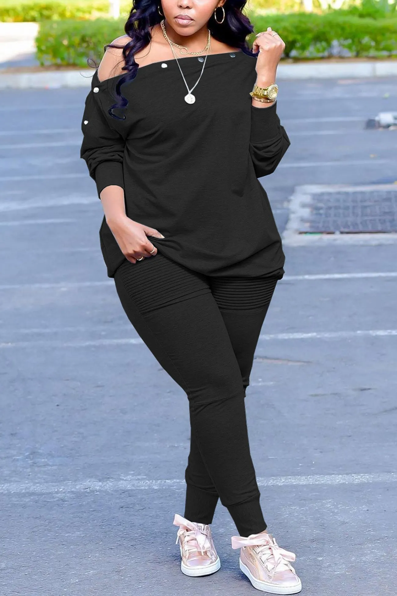 Button Drop Shoulder Sweatshirt Pants Set