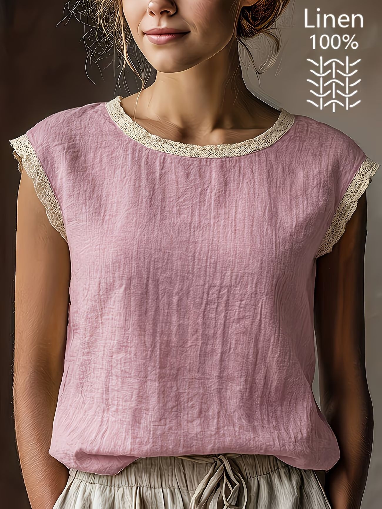 Solid Lace Trim Sleeveless Blouse