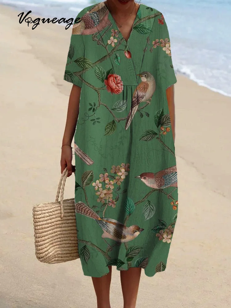 Elegant Flowers And Birds Printed Women's Casual Cotton And Linen
