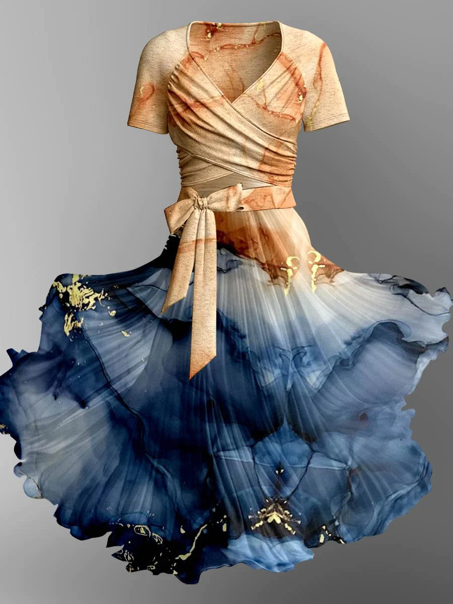Gold Foil Tie-Dye Art Print Elegant Vintage Chic V-Neck Strap Short Sleeve Midi Dress