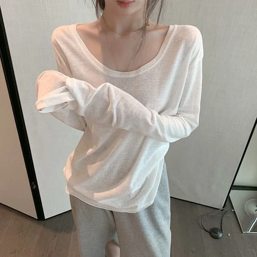 T-shirts Women White O-Neck Thin Summer Loose Long Sleeve Basic Sun-proof All-match Korean Style Soft Tess Female Tops Simple