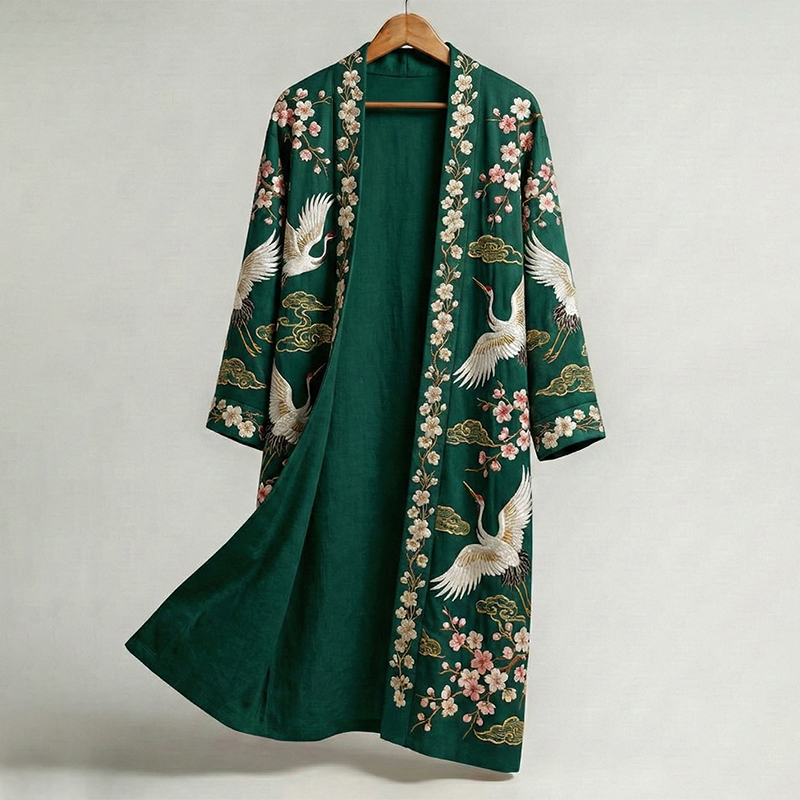 Men's Retro Crane Art Print Linen Long Kimono  artssus