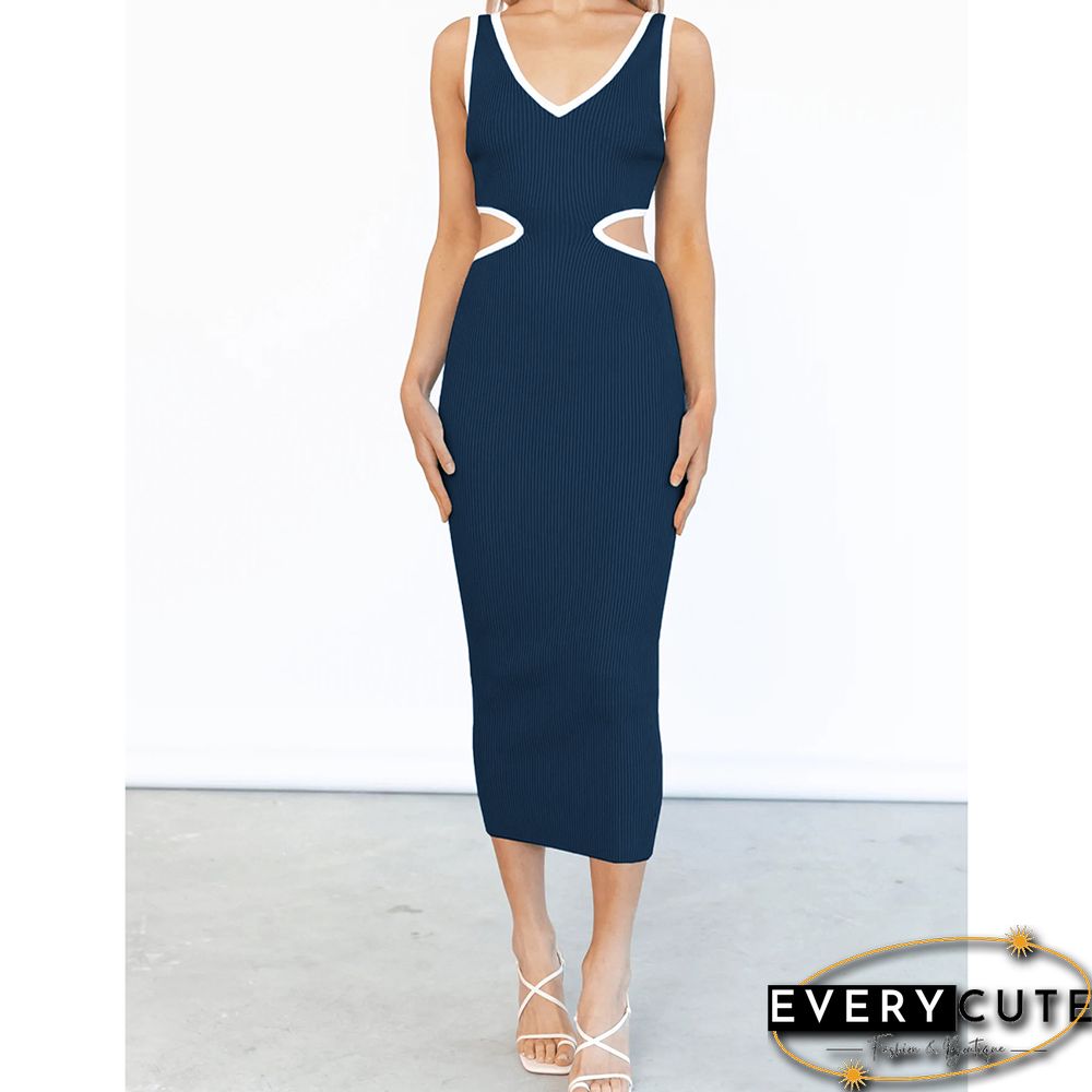 Navy Blue Cut-out V Neck Ribbed Bodycon Dress