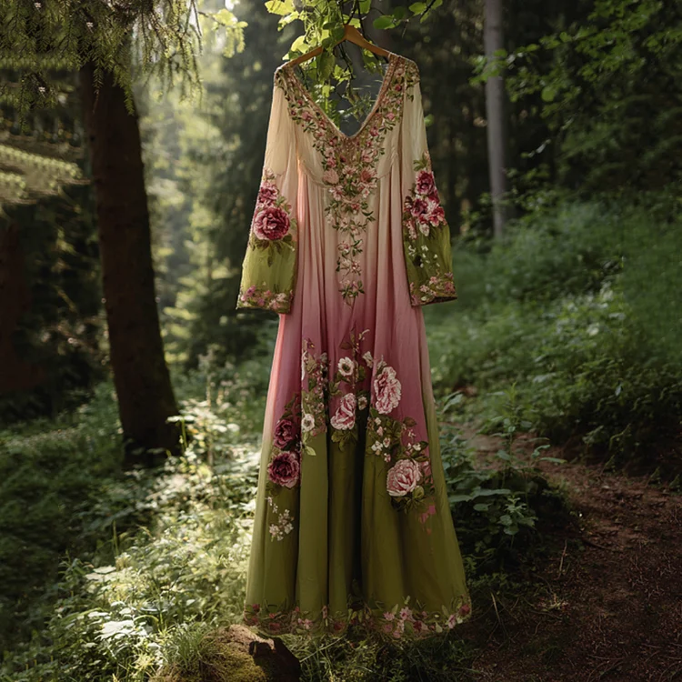 Classy Gradient Pink Roses Cancer Awareness Embroidered Linen Maxi Dress