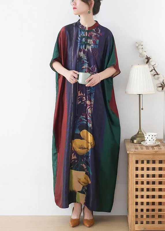 Handmade Red Purple Green Print Chiffon Dress Loose Summer Dress