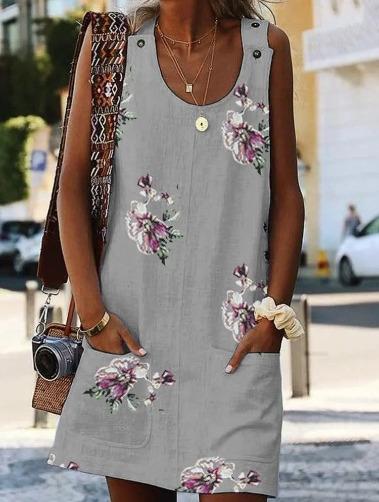Women Sleeveless Scoop Neck Floral Printed Midi Dress
