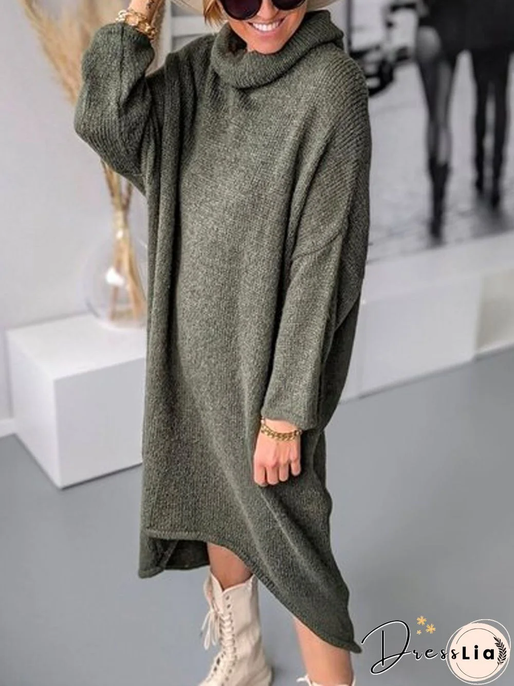 Casual Autumn Solid Daily Casual Long sleeve Loose Turtleneck Cotton-Blend Sweater for Women