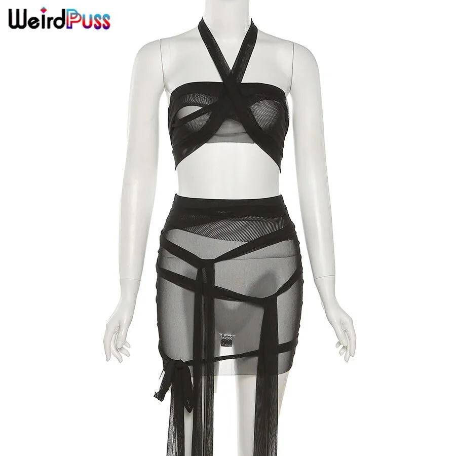 Weird Puss Ribbons Mesh See Through Two Piece Set Women Vacation Outfits Strapless Tops+Mini Skirt Matching Summer Skinny Suits