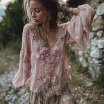 Boho Pink Flowers Glitter Lace Hem Flowy Linen Tunic - Image 2