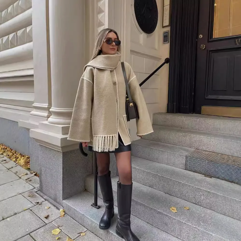 Nigikala Nigikala Women's Clothing 2025 Autumn And Winter New Fashion Wool Coat Thick Loose With Scarf Tid Lady