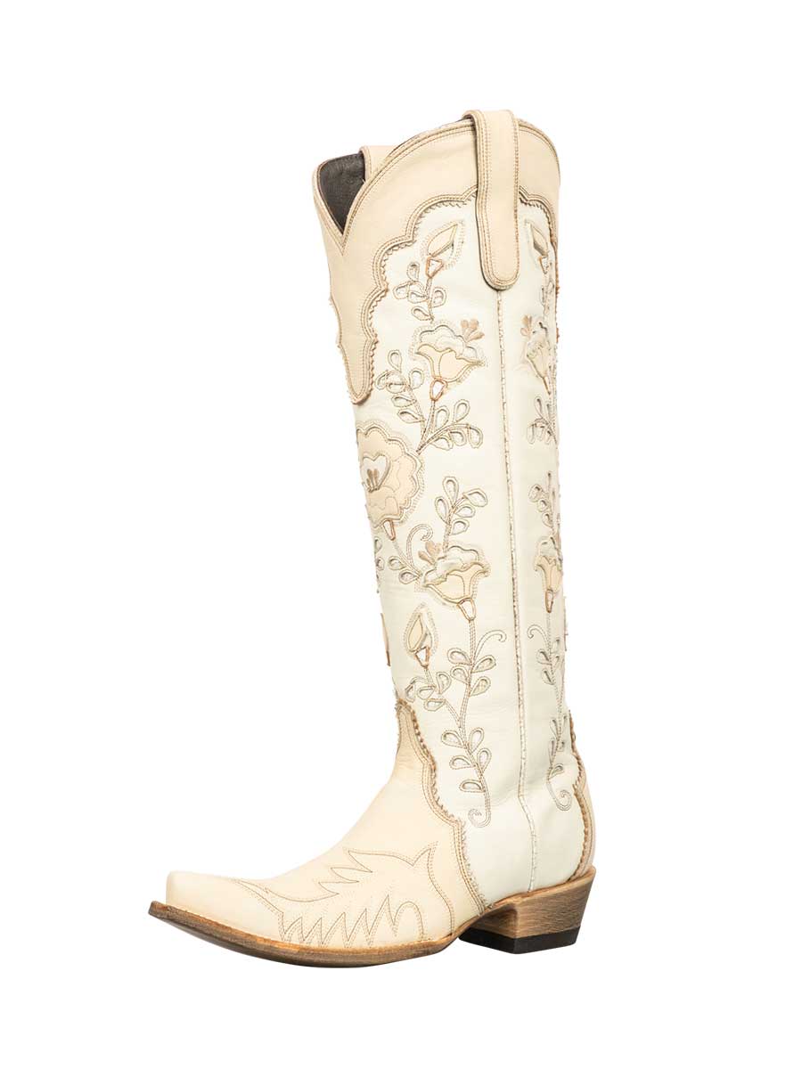 Beige Snip Toe Floral Inlay Low Heel Knee Cowboy Boots for Women