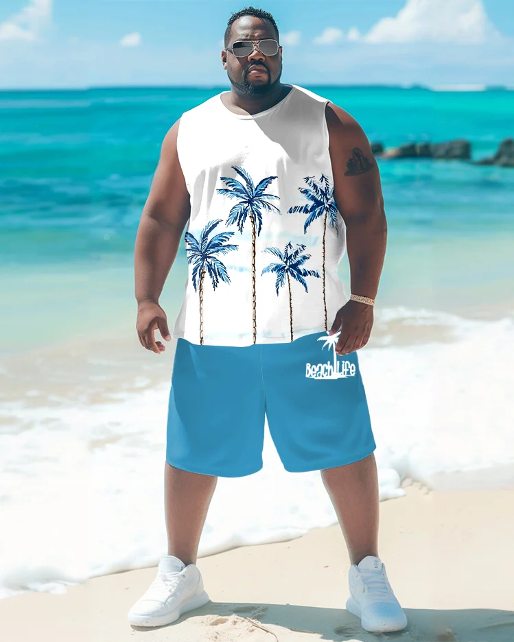 Men's Plus Size Hawaiian Plant Print Tank Shorts Suit