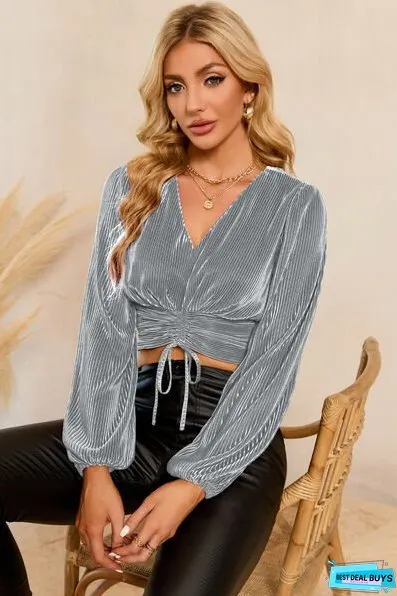 Drawstring V-Neck Balloon Sleeve Blouse