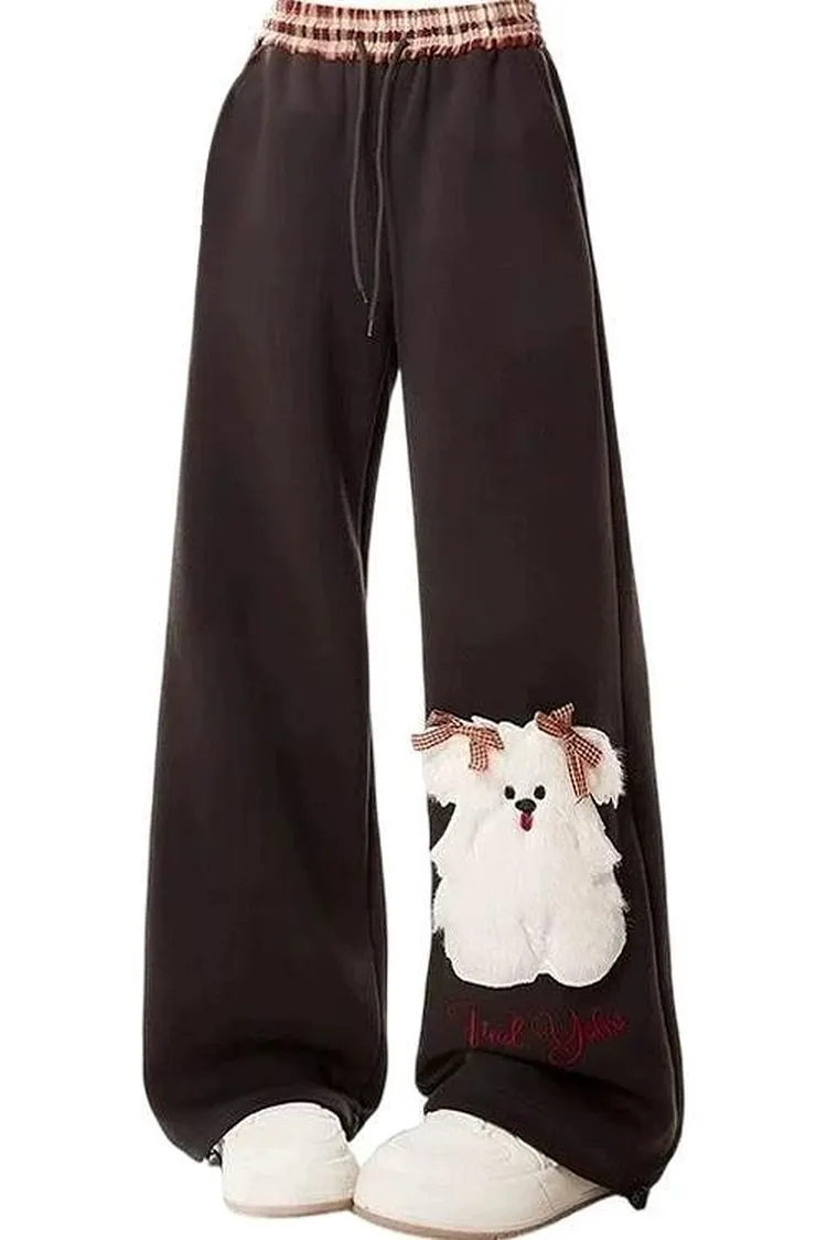 Drawstring Waist Fleece Pants Wide Leg Women's Sweatpants with Dog Applique