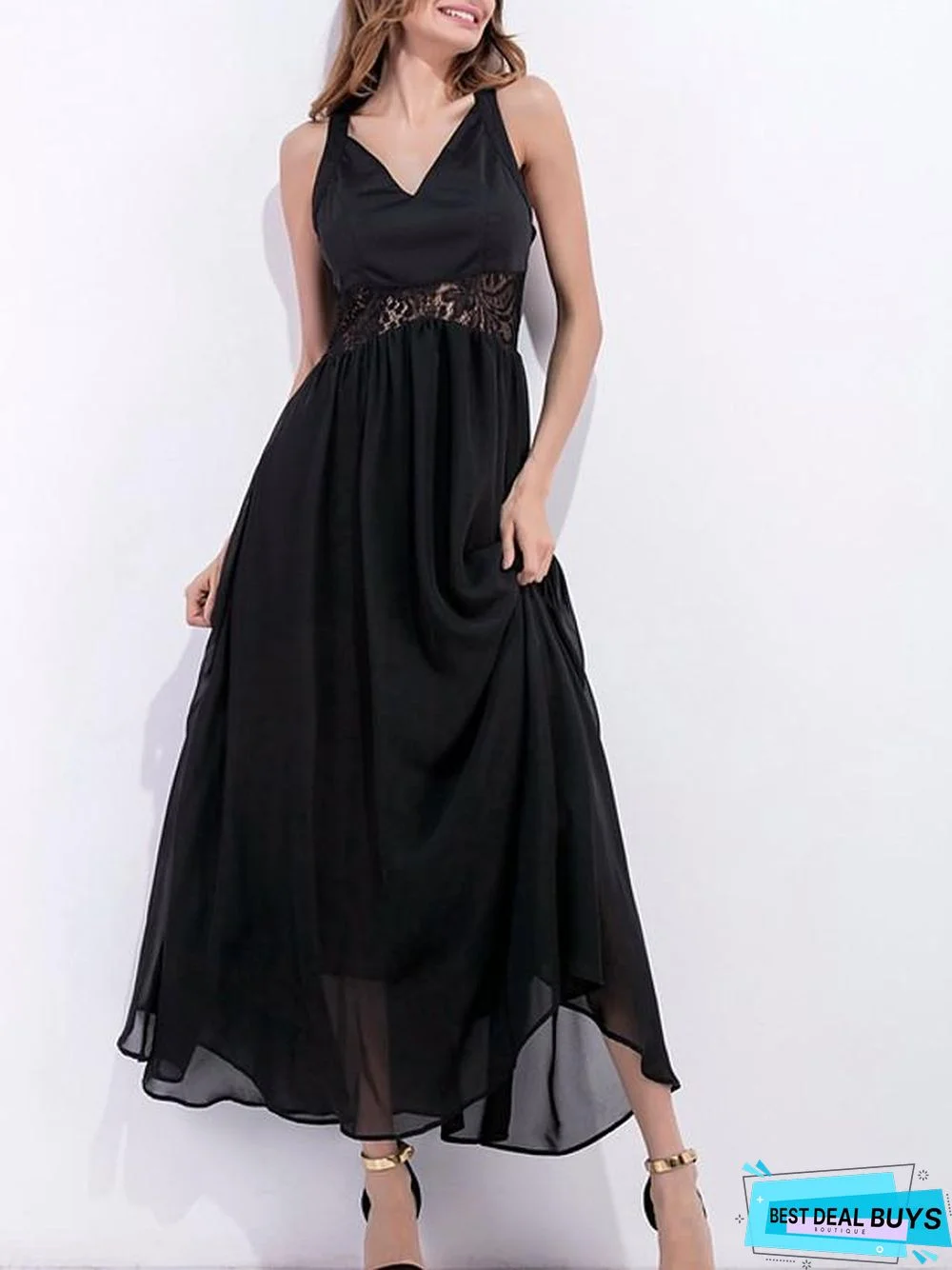 Women's A Line Dress Maxi Long Dress Black Sleeveless Solid Color Summer V Neck Work Sexy Black Dresses