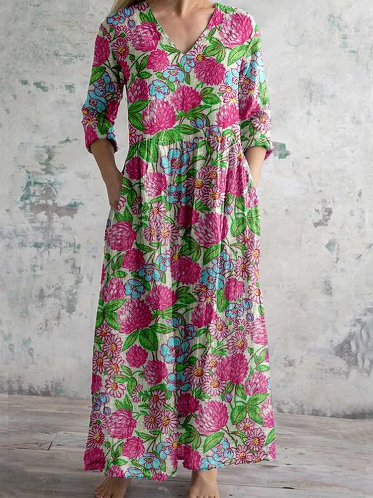 Women's Elegant Floral Pattern V-Neck Cotton and Linen Dress
