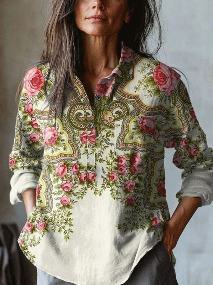Women's   Flowers  Art Print Casual Cotton And Linen Shirt
