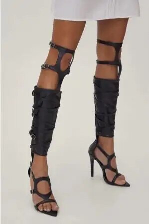 VCSHOES Black Leather Gladiator Belt Buckle Hollow Cuts Out Thigh Boots Women Pointed Open Toe High Heel Over The Knee Boots