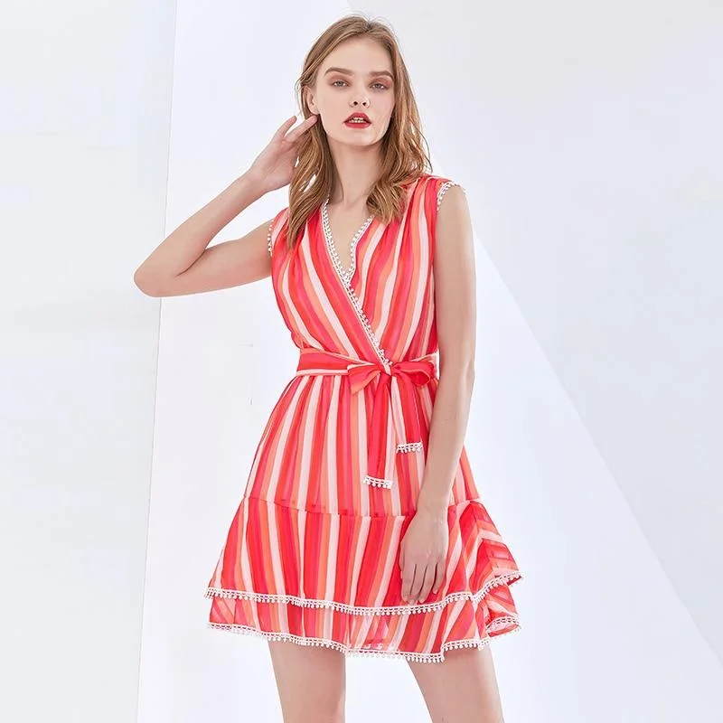 ABEBEY Striped Red Dress For Women V Neck Sleeveless High Waist Lace Up Bowknot Midi Summer Dresses Female Fashion New