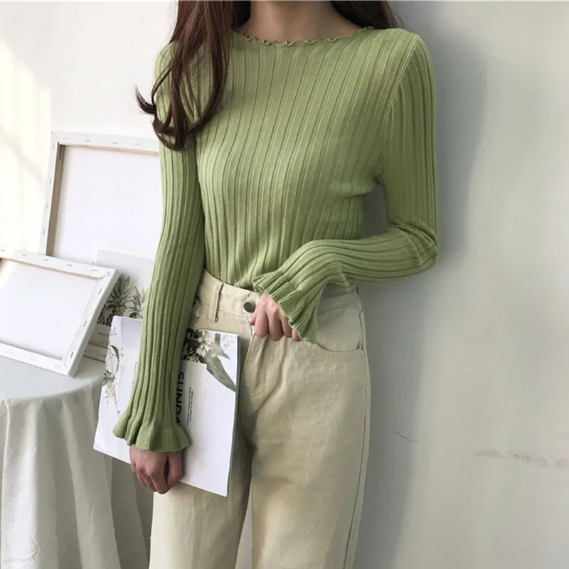 Christmas Gift AOSSVIAO Ruffles Pullovers Solid Flare Sleeve 2023 Autumn Winter All Match Women Sweaters Slim New Pull Femme Fashion Soft Tops