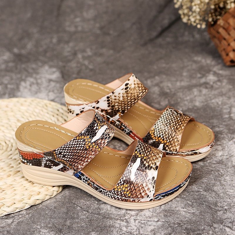 2022 New Leopard Print Leather Wedge Soft Sole Sandals for Women