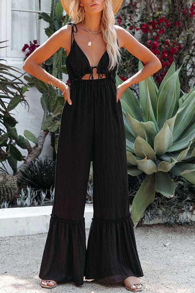 Fashion Solid Hollowed Out Spaghetti Strap Boot Cut Jumpsuits