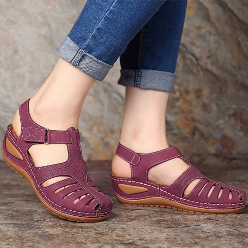 Qengg New Women Sandals Fashion Vintage Hollow Thick Sole Wedges Flats Casual Gladiator Walking Shoes Zapato Plano Mujer